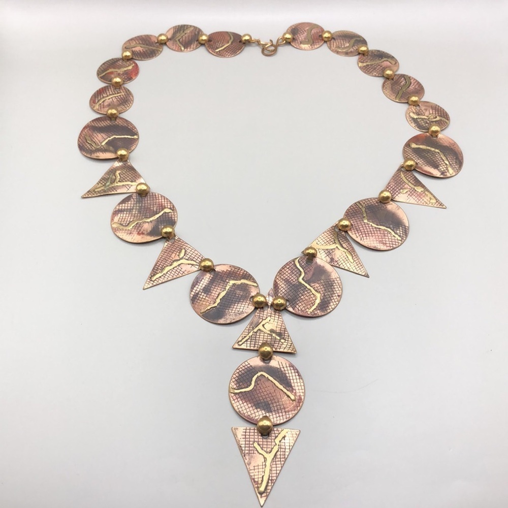 Artisan handcrafted copper and brass modernist geometric art to wear necklace